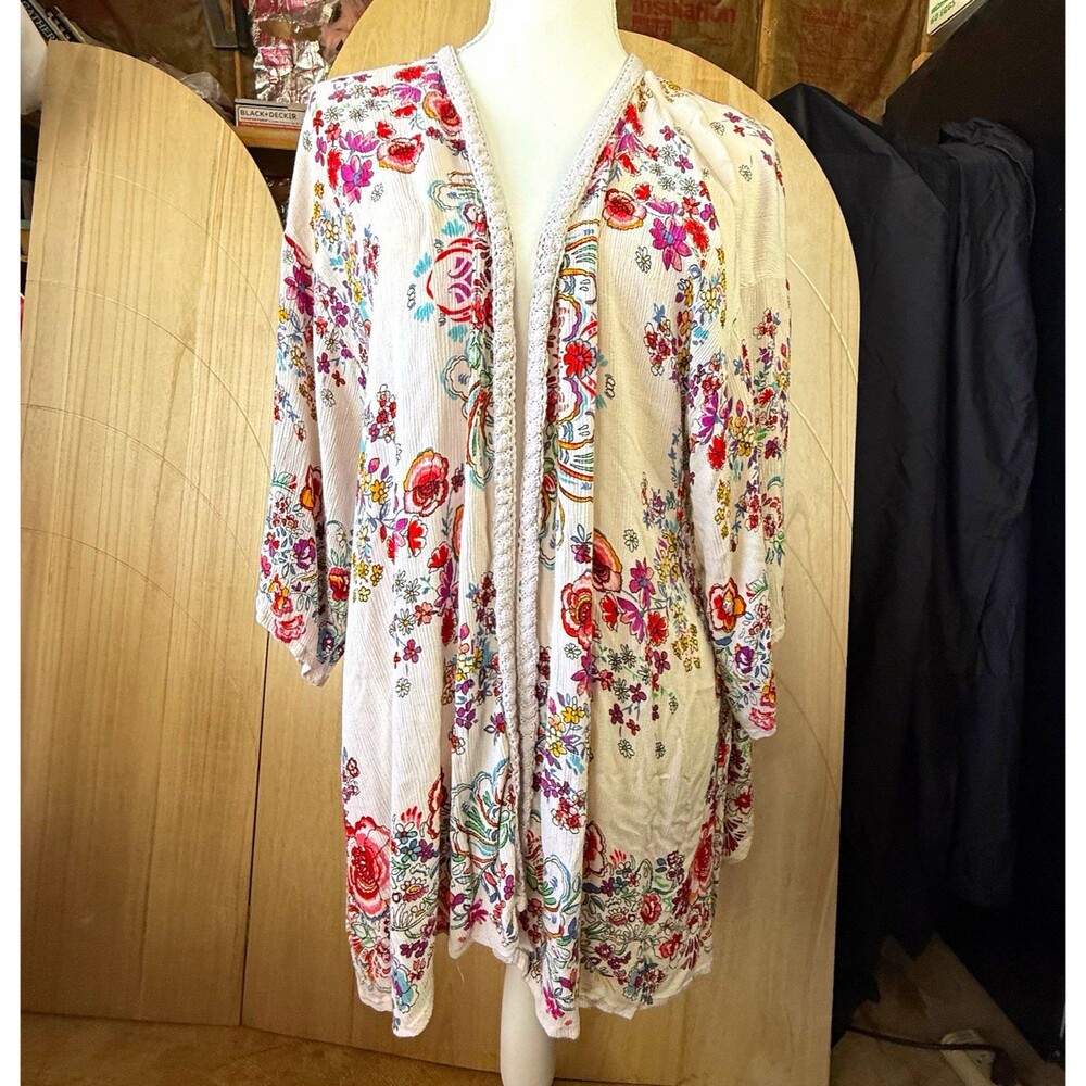 Bila  Floral Boho Kimono Cardigan Braided Lace Trim M Whimsigoth Cottagecore